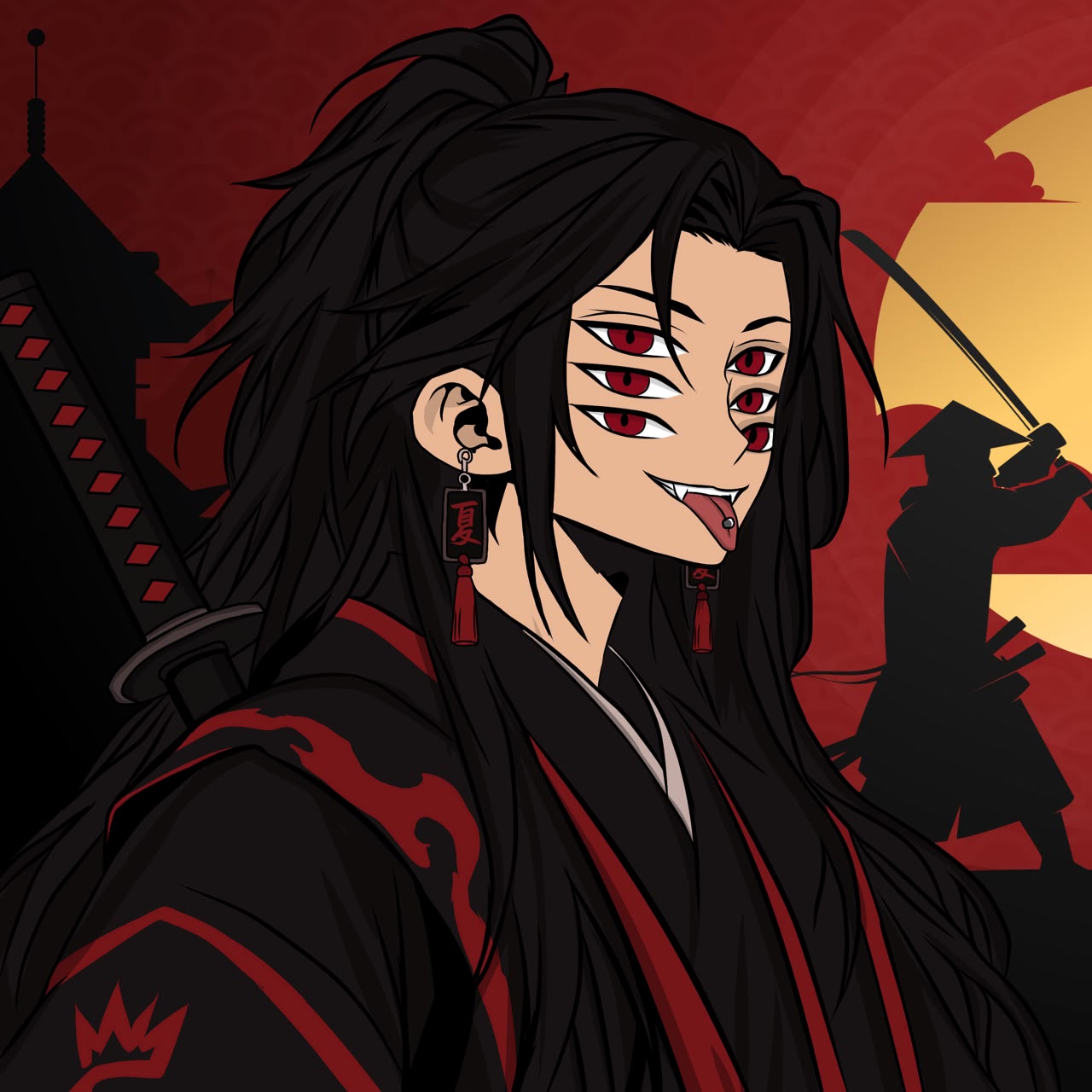 Red samurai character with six glowing eyes